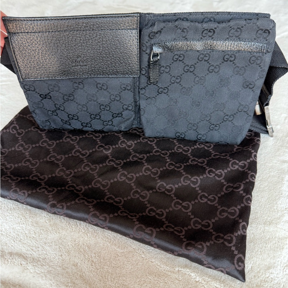 Gucci Black Belt Bag with Iconic Monogram Pattern